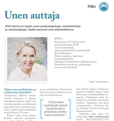 Päivi Karhu Uniuutiset -lehden haastattelussa